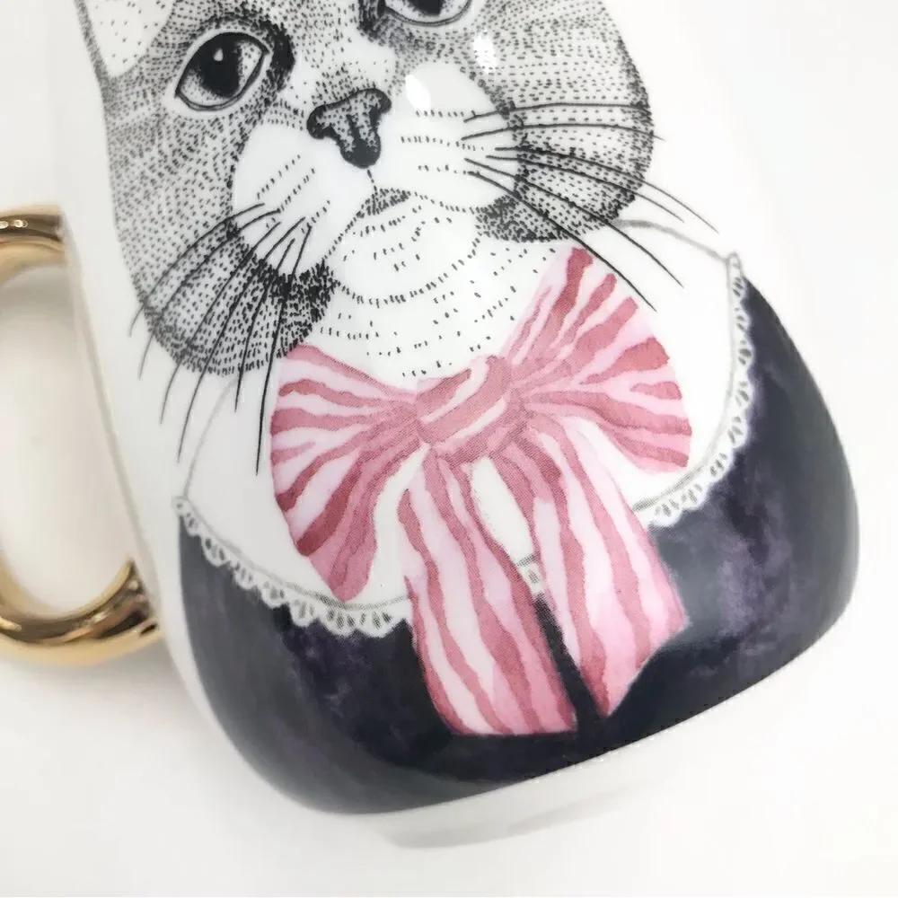 Pier 1 Fancy Cat Black White Pink Stripe Bow Double Sided Graphic China Mug